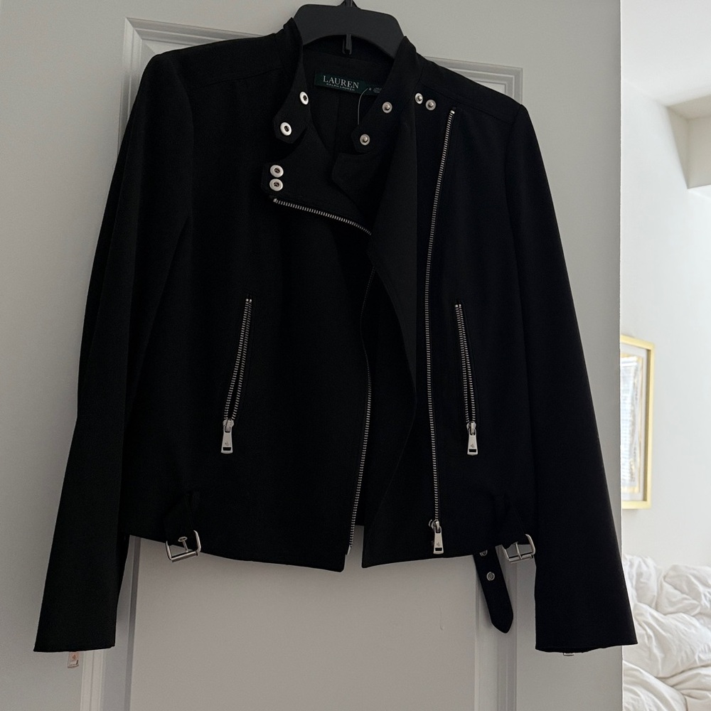 Ralph Lauren Jacket Women Black Biker Moto Style Zippered Pockets Size 2 XS